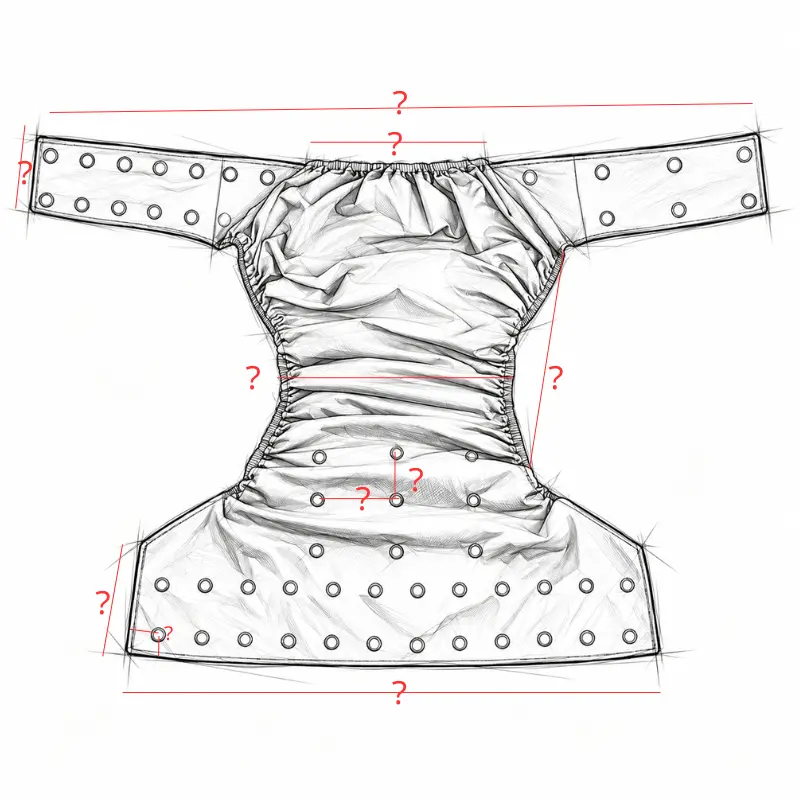 Measurement sketch of an adult reusable snap cloth diaper, marking waist wings, body length and rise adjustment.