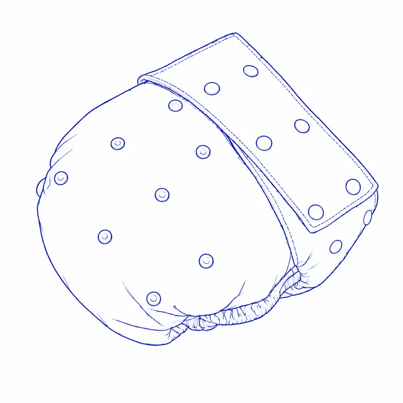 Three-quarter drawing of an adult reusable incontinence cloth diaper with snap waist fastening and front rise snaps.