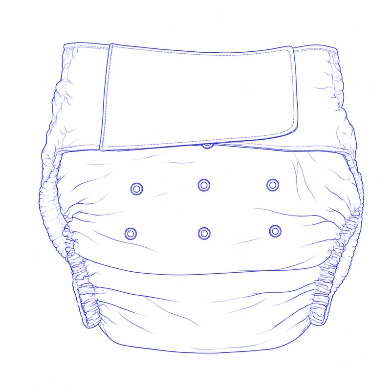 Front drawing of an adult reusable hook-and-loop cloth diaper with overlapping waist tabs and rise adjustment snaps.