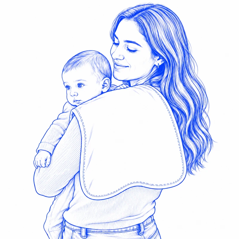 Drawing of a mother holding a baby with a reusable burp cloth draped over her shoulder for burping.