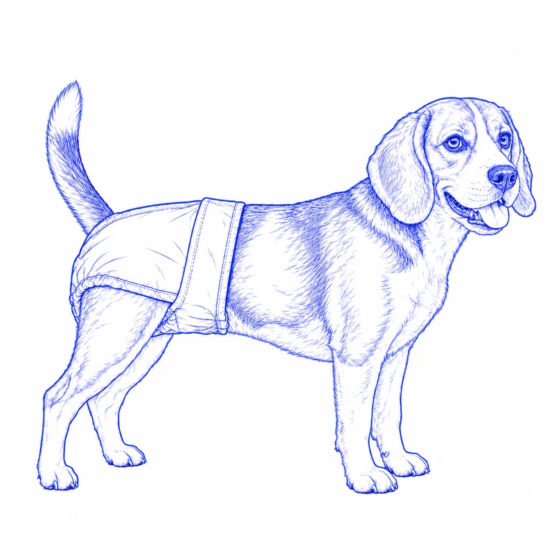 Full-body side drawing of a dog wearing a cloth diaper around its hindquarters, with its tail passing through the rear opening.