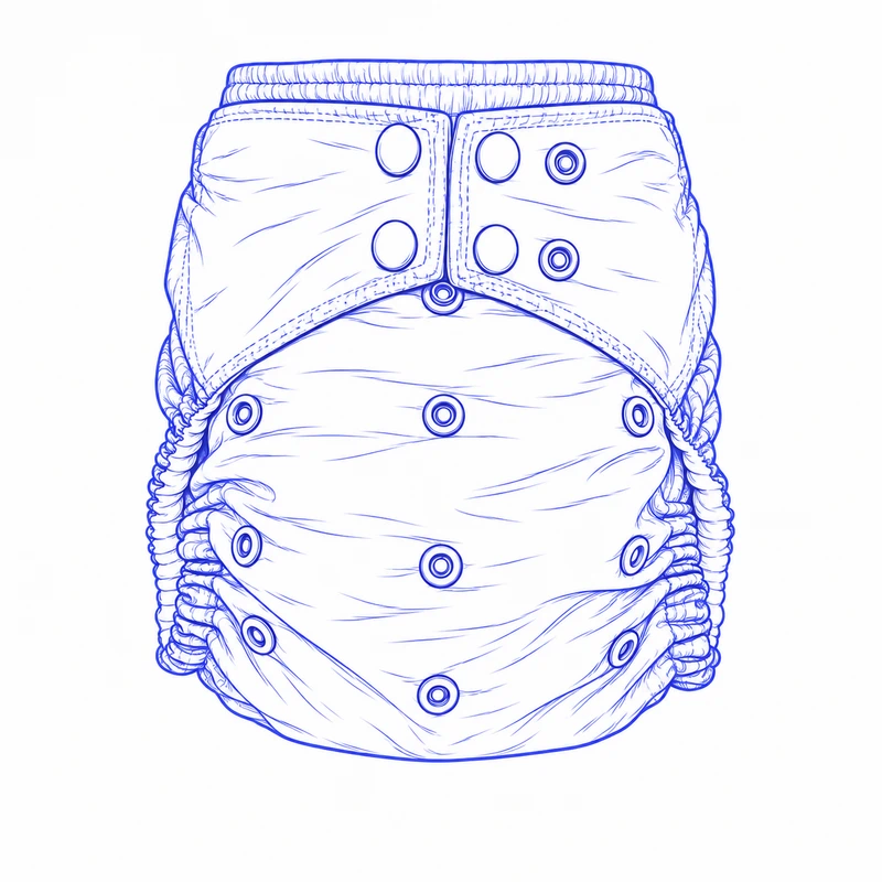 Front drawing of a pocket baby diaper with overlapping two-column waist snaps, a gathered back waist and rise adjustment snaps.