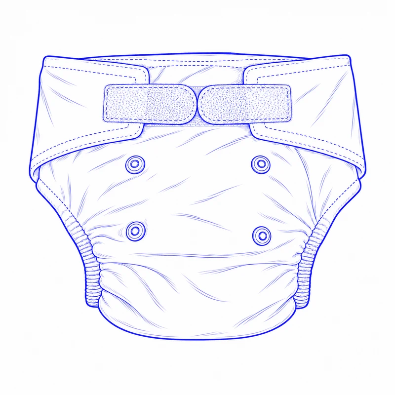 Front drawing of a hook-and-loop pocket cloth diaper with two rounded closure tabs and visible rise adjustment snaps.