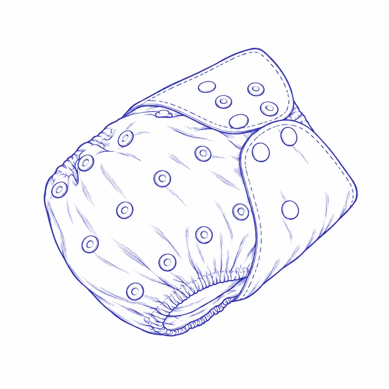 Three-quarter drawing of a closed snap pocket cloth diaper showing overlapping waist wings and a gathered circular leg opening.