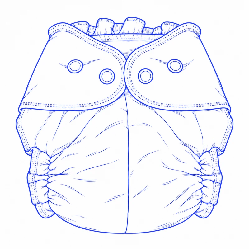 Front drawing of a fitted baby cloth diaper with a center seam, snap waist tabs and a ruffled back waist edge.