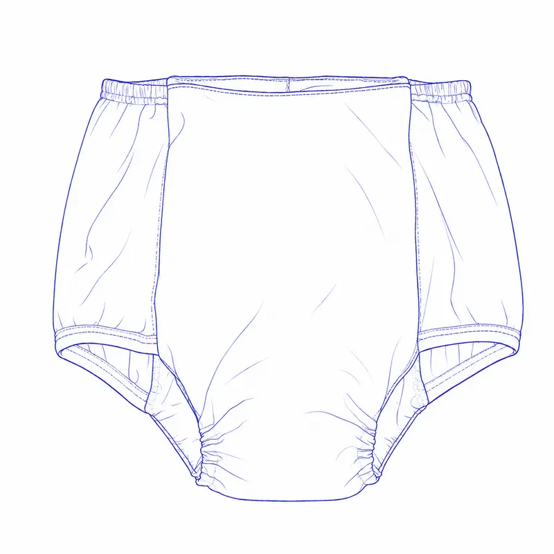 Front drawing of adult reusable pull-on incontinence briefs with an elastic waist and a contoured center panel.