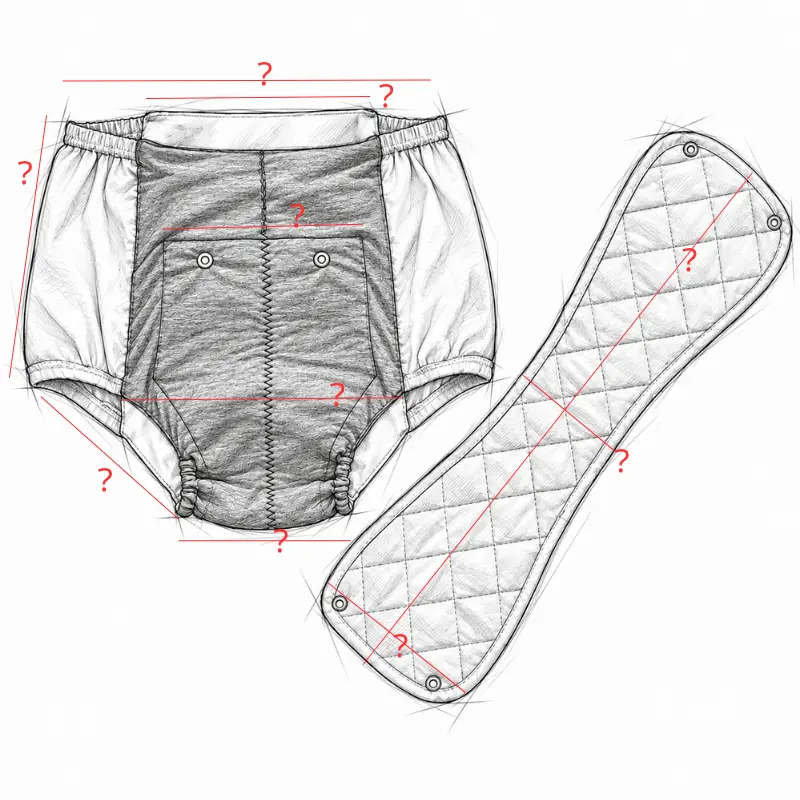 Measurement sketch of adult pull-on incontinence briefs and a removable pad, with waist, leg and pad dimensions unfilled.