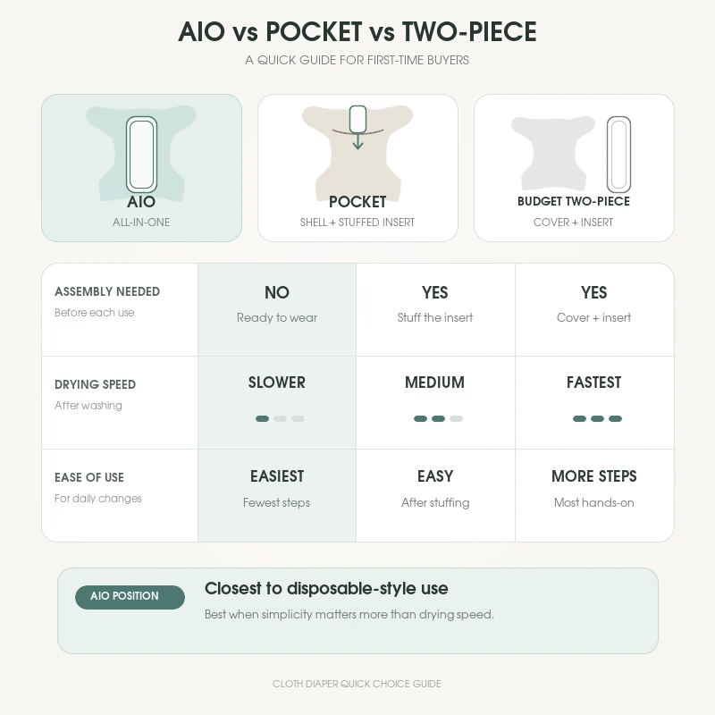 Simple comparison of all-in-1, pocket and prefold cloth diaper types for buyers
