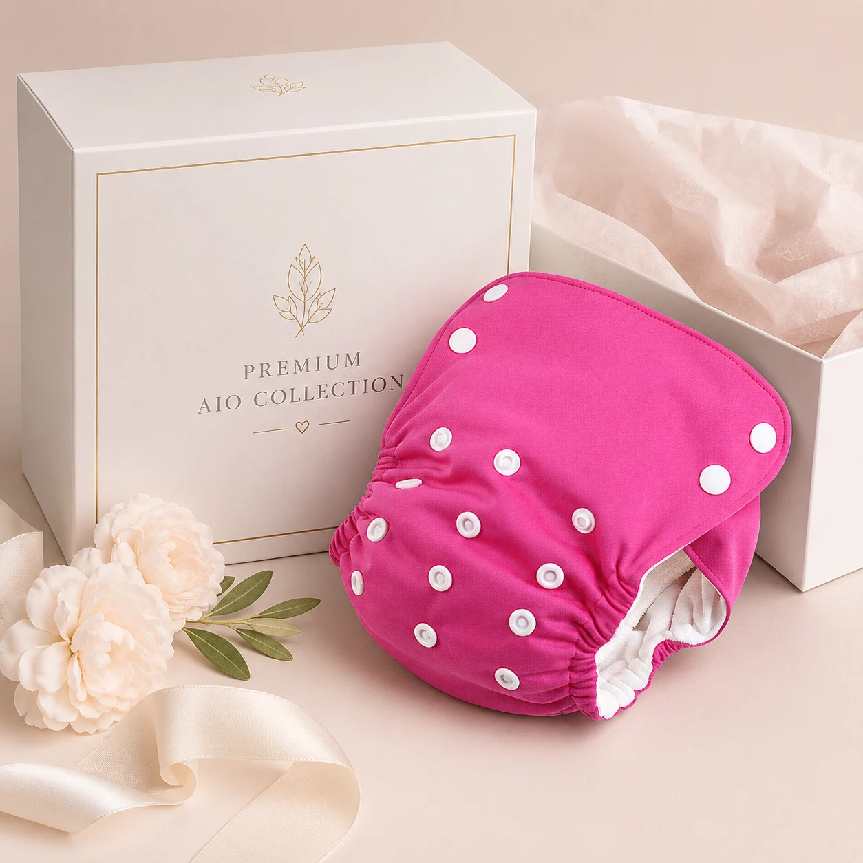 Premium all-in-one cloth diaper with coordinated retail packaging