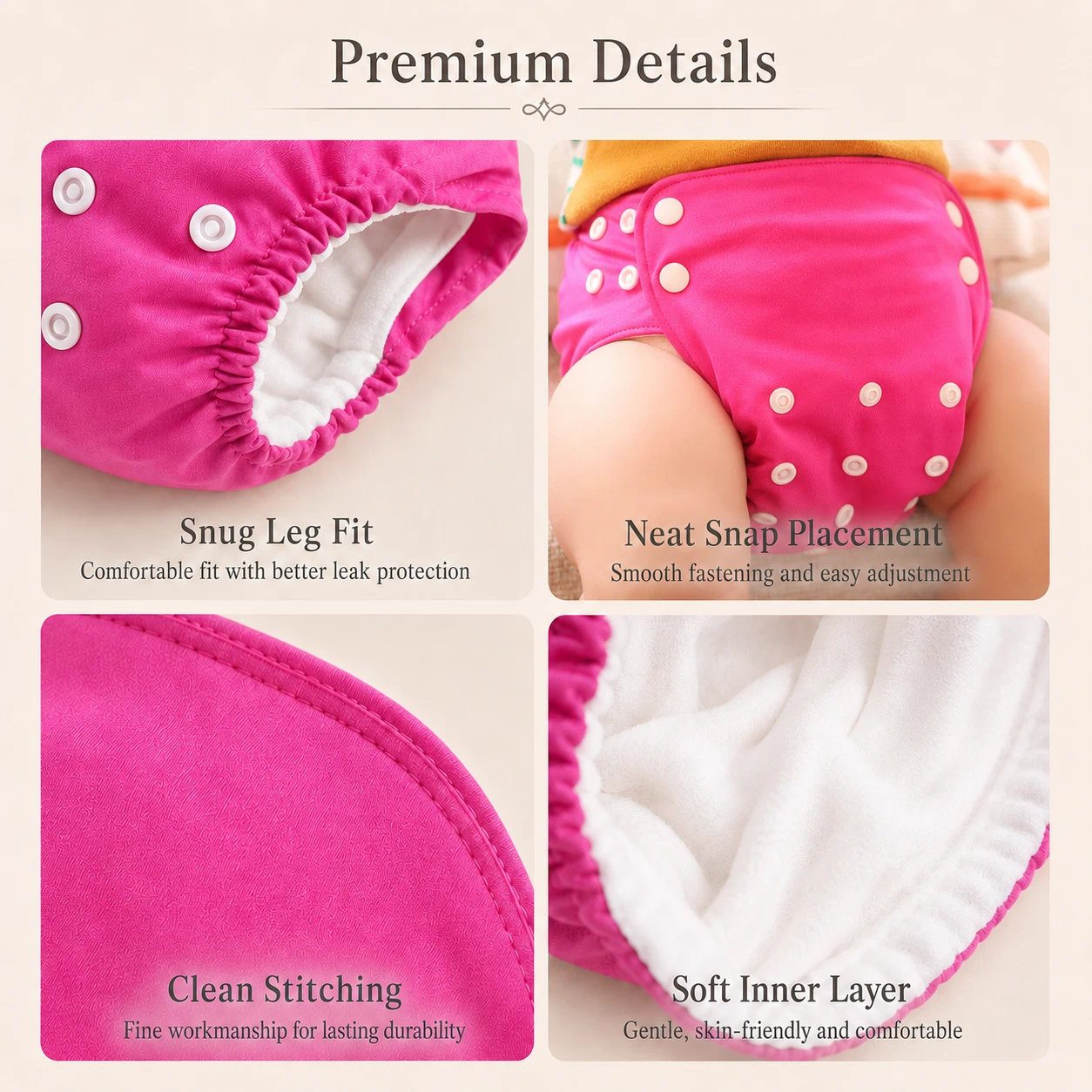 Detail collage of fit, closure, stitching and lining on a premium all-in-one diaper