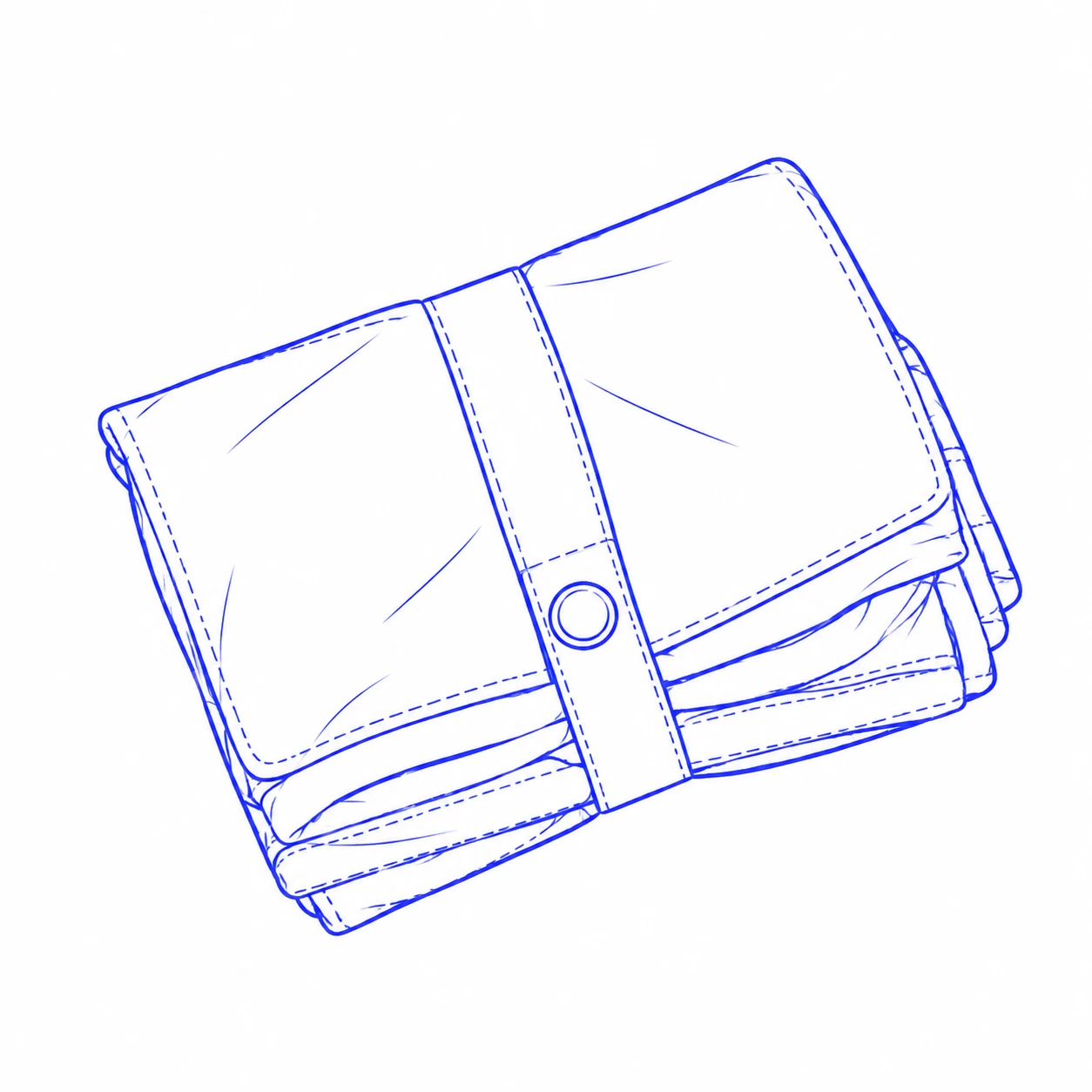 Drawing of a portable baby changing mat folded into a rectangular stack and held closed by its snap strap.