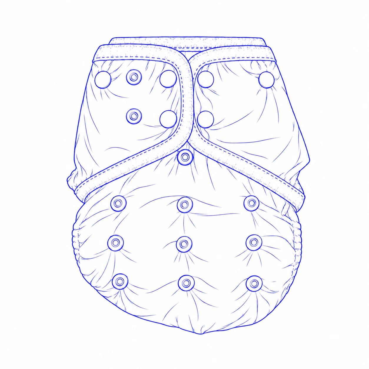 Front drawing of a baby diaper cover with rounded bound waist tabs, snap fastening and adjustable rise snaps.