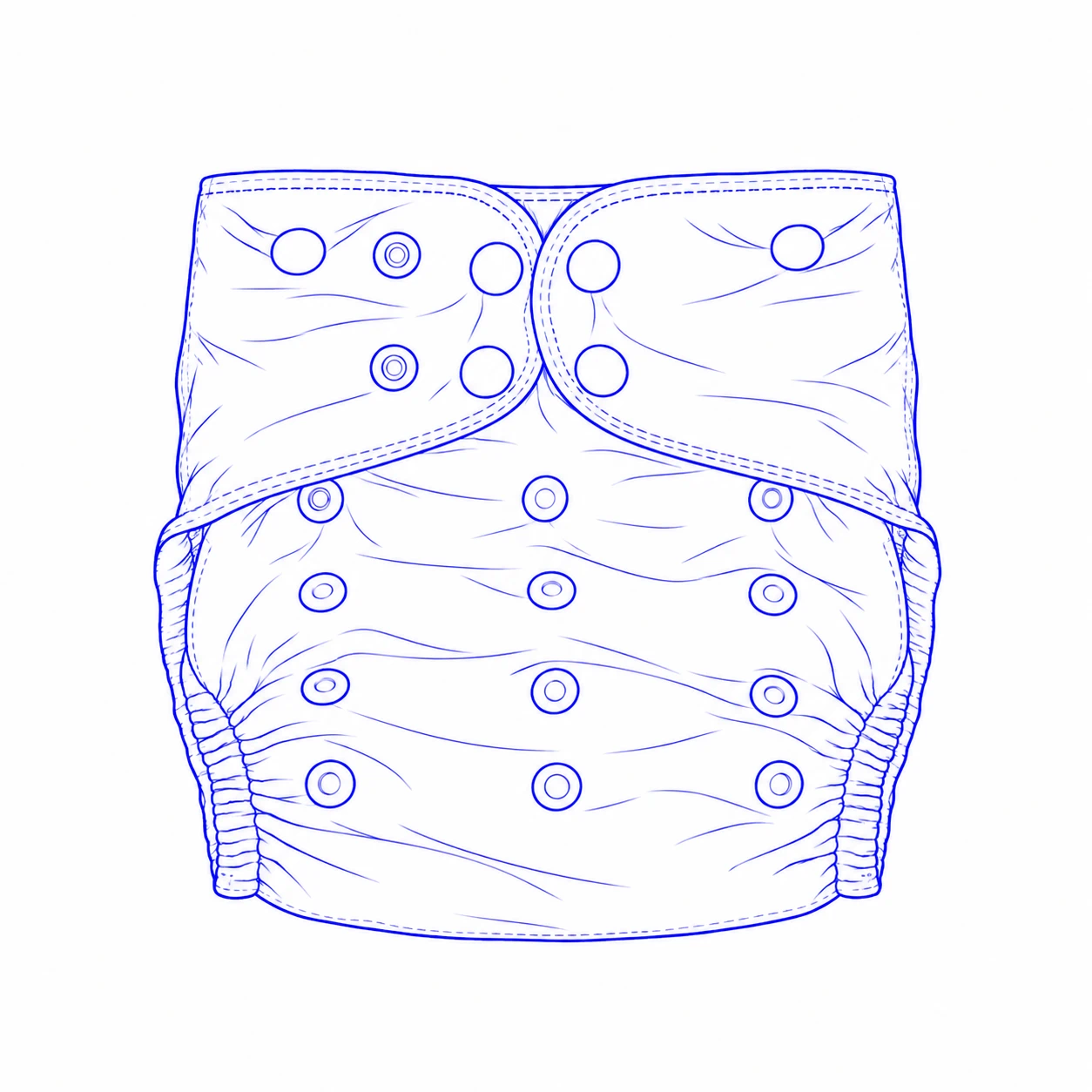 Front drawing of a reusable narrow-edged diaper cover with waist tabs meeting at the center and adjustable rise snaps.