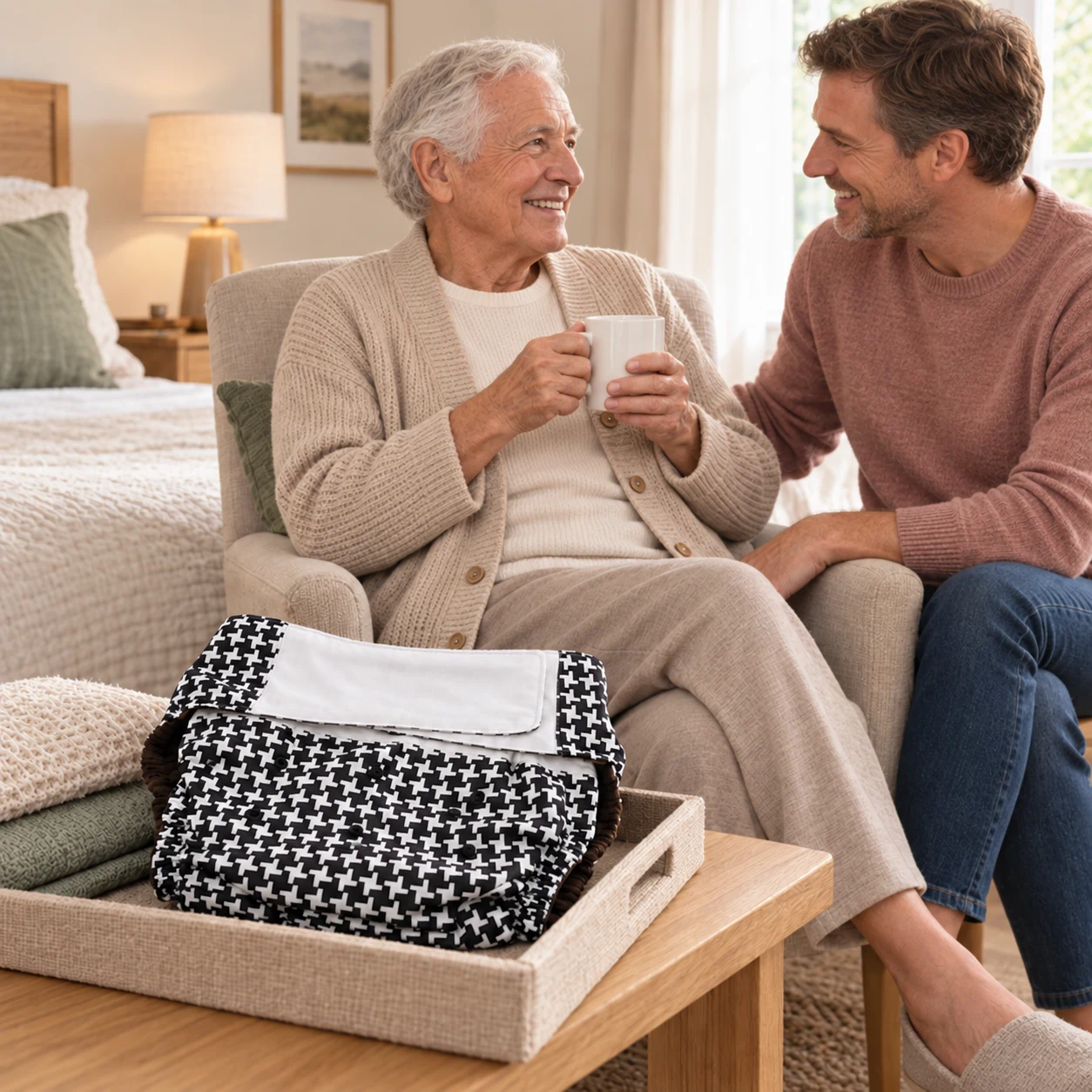 Washable diapers for adults shown in a warm, dignified home-care setting