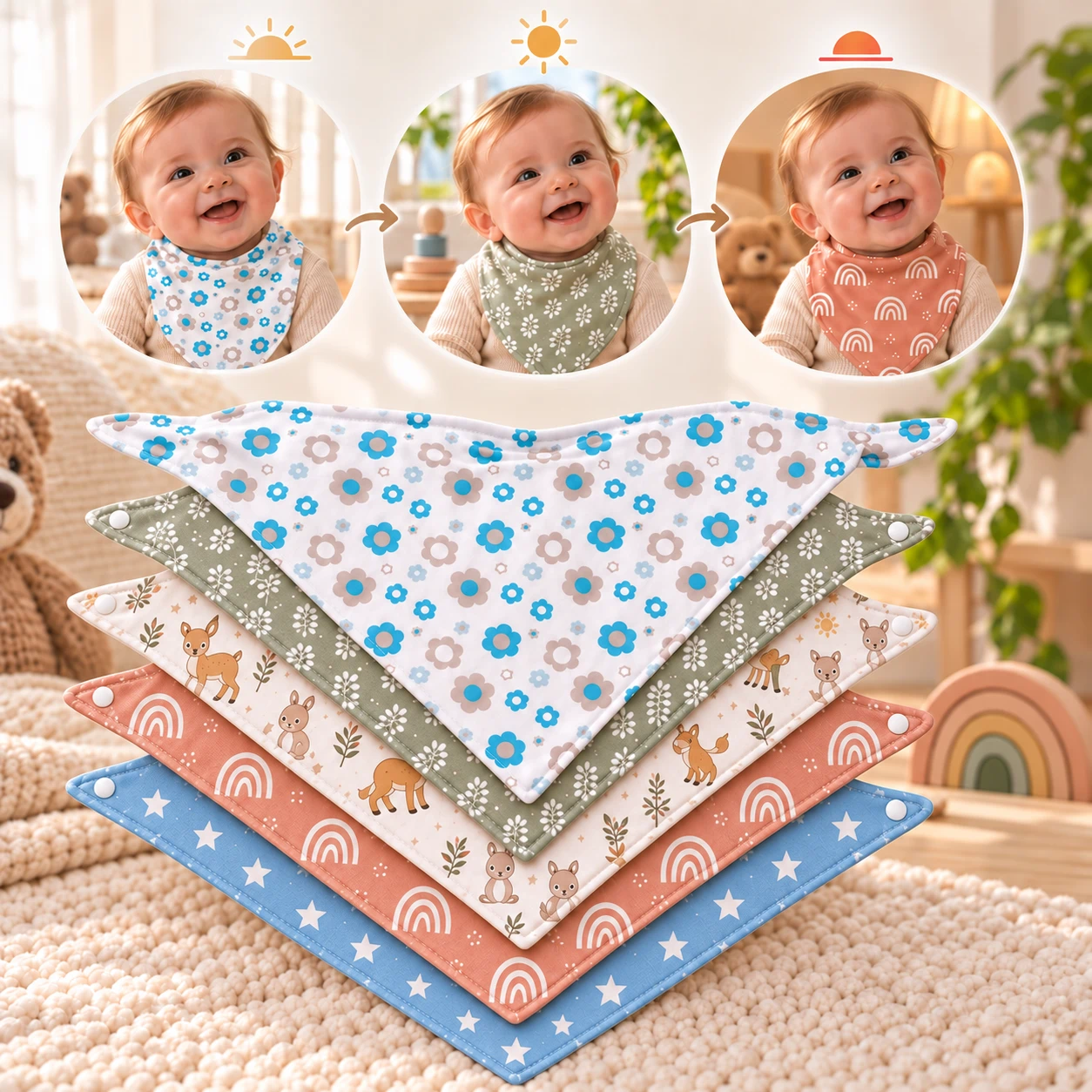 A stack of patterned baby bibs reflecting high-frequency daily changes
