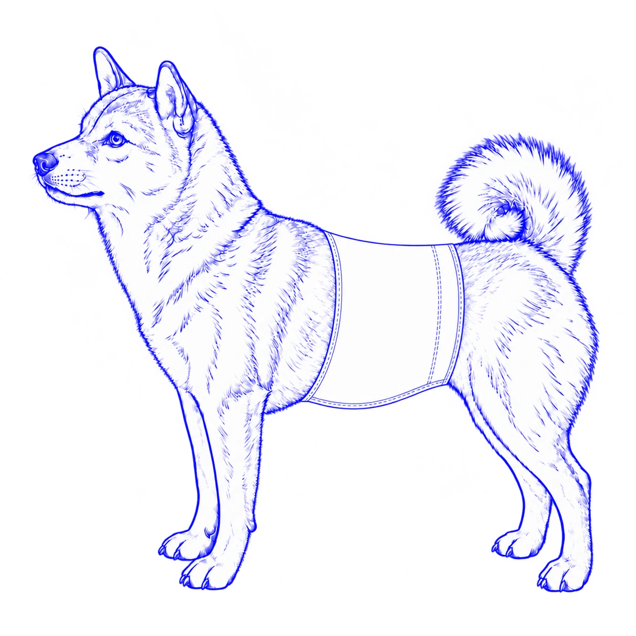 Side drawing of a standing dog wearing a contoured belly band around its abdomen, with the legs and tail uncovered.