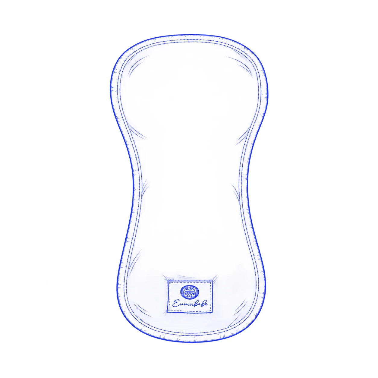 Top-view drawing of a contoured cloth diaper insert with a small label near the lower rounded end and stitched edging.