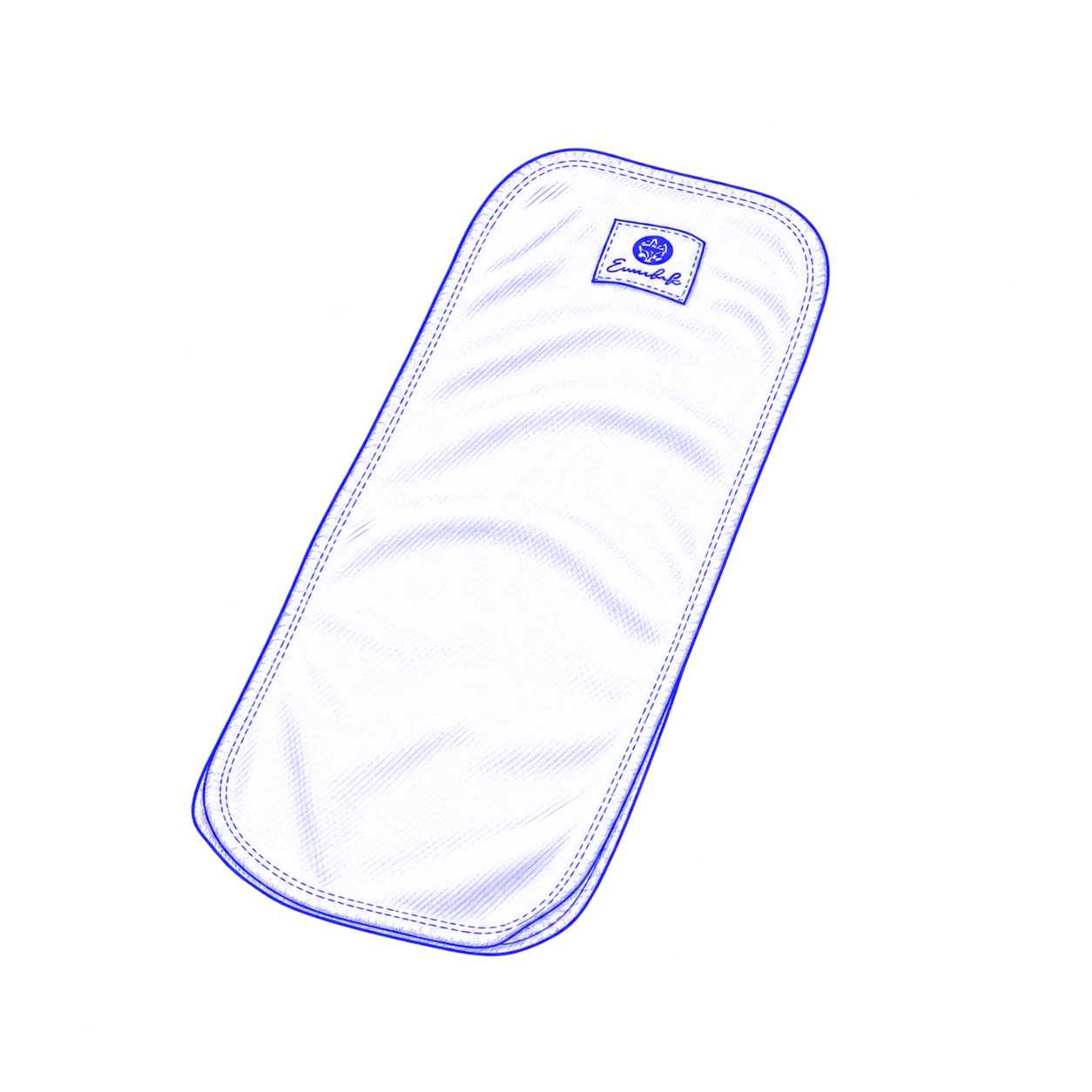 Diagonal drawing of a full-length rectangular cloth diaper insert with rounded ends, perimeter stitching and a label.