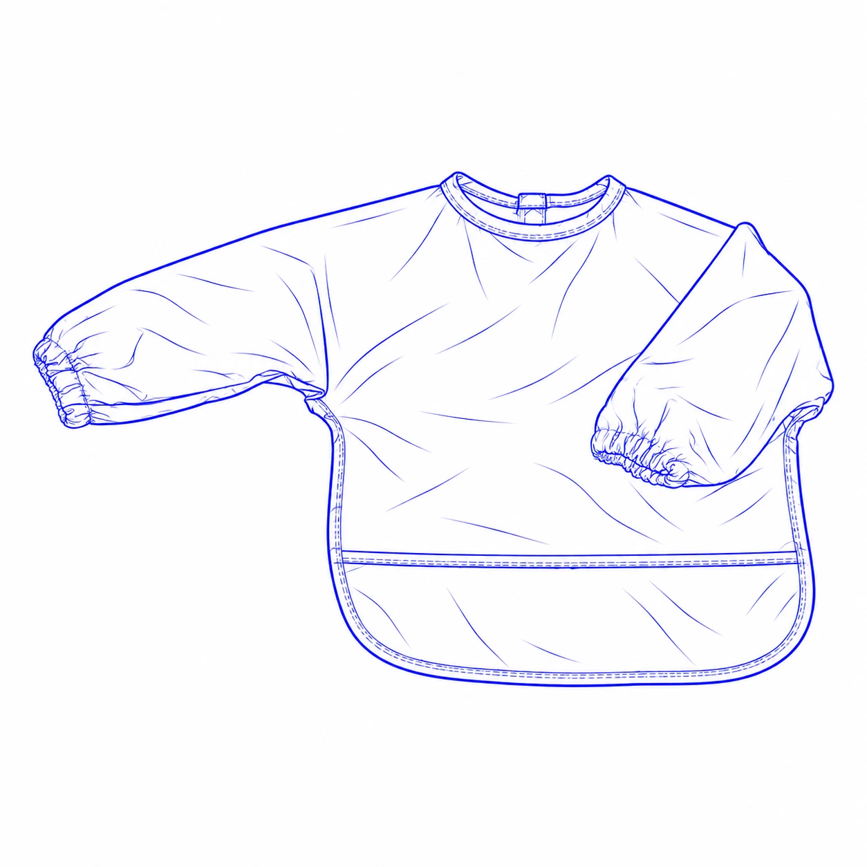 Front drawing of a long-sleeve baby feeding bib with one sleeve extended, elastic cuffs and a food catcher pocket.