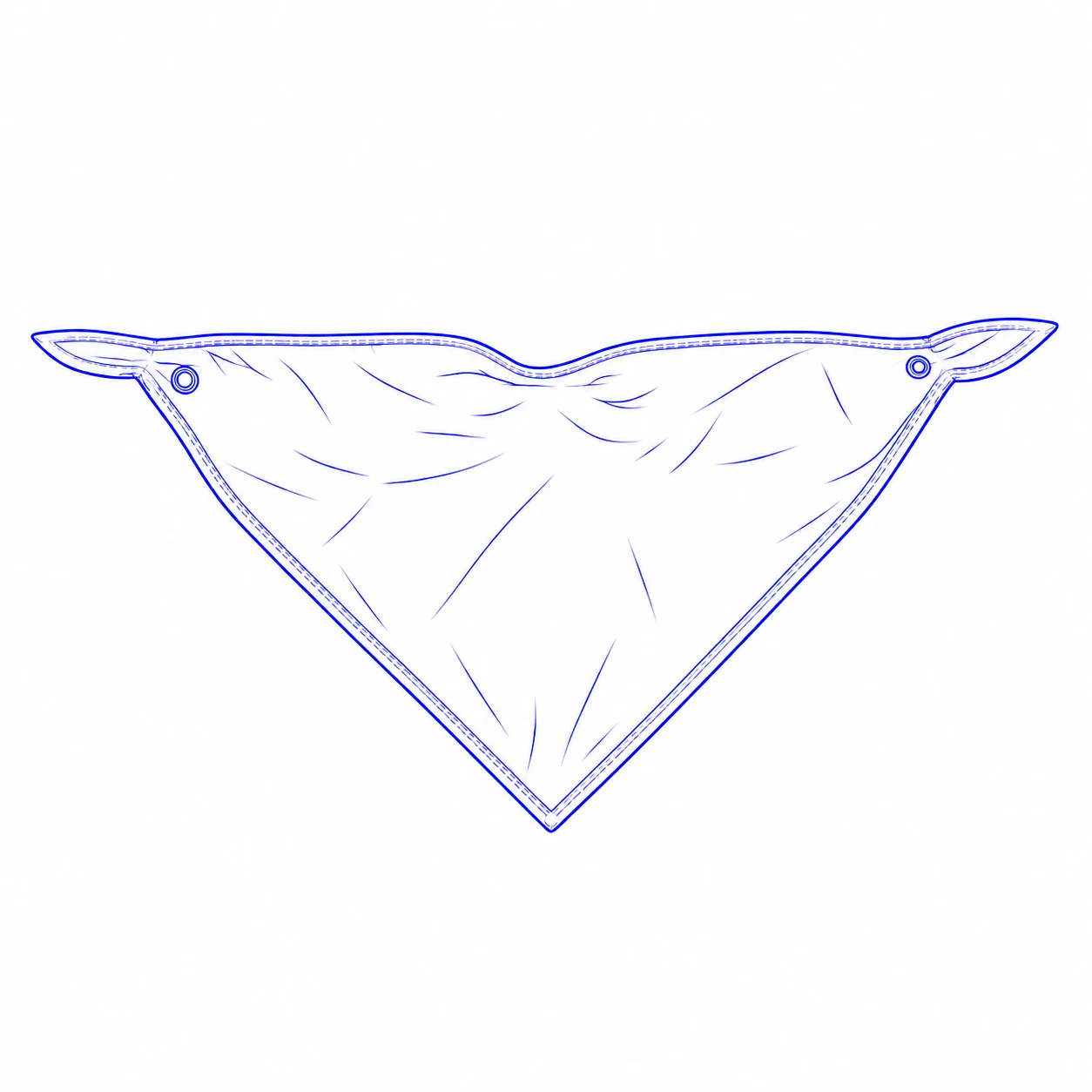 Drawing of a triangular baby bandana bib laid flat with the fastening ends turned back to show the snap positions.