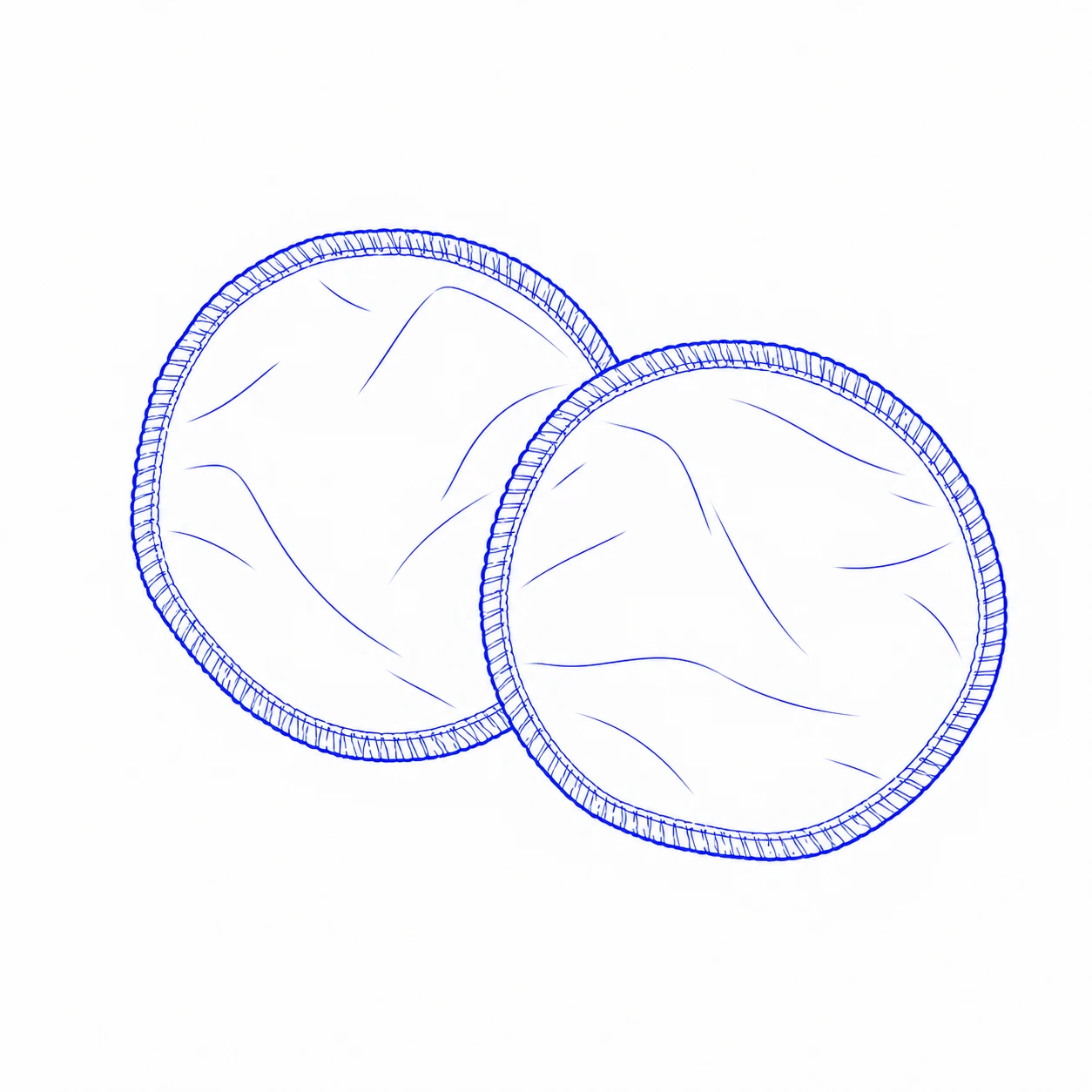 Drawing of two overlapping round reusable nursing pads with stitched edges for breastfeeding care.