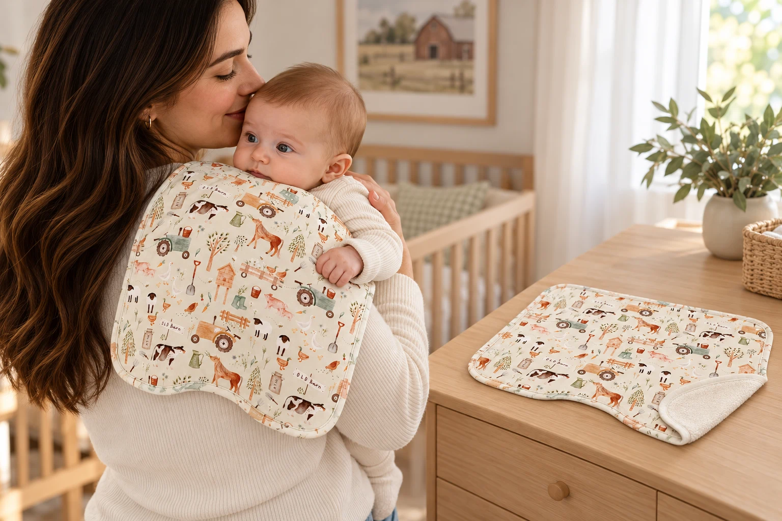 A burp cloth draped over a shoulder to catch spit-up while burping a baby