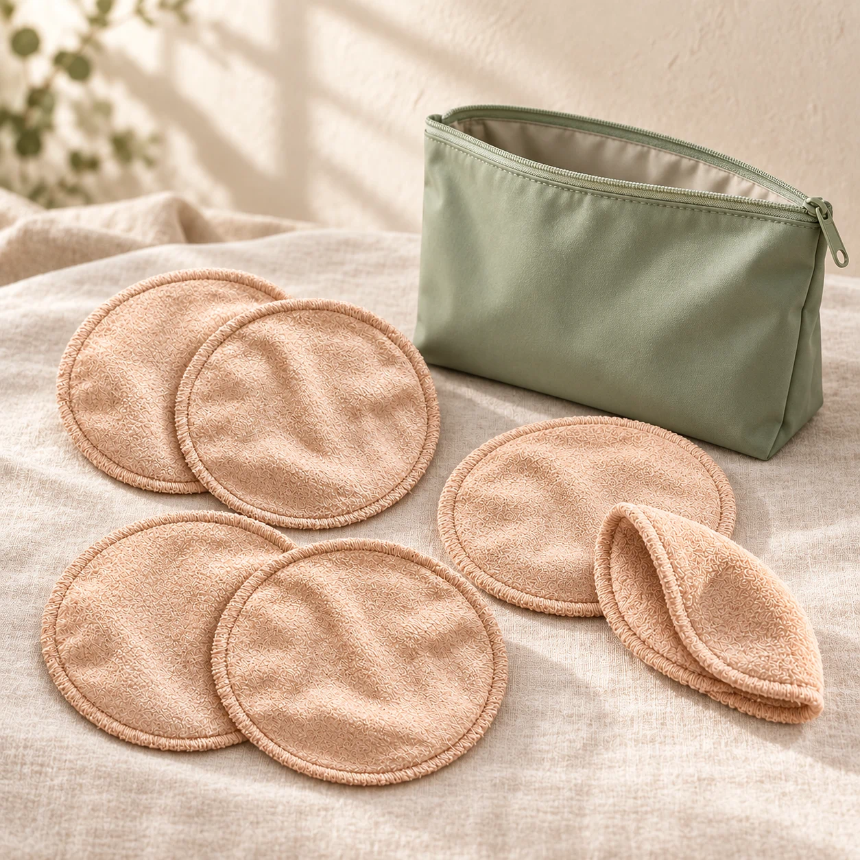 Reusable breast pads in a multi-pack paired with a wet bag as a nursing set