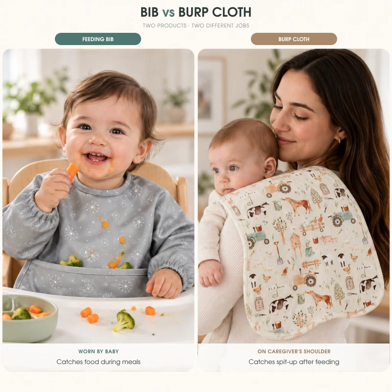 A bib worn on a baby shown distinct from a burp cloth draped on a shoulder