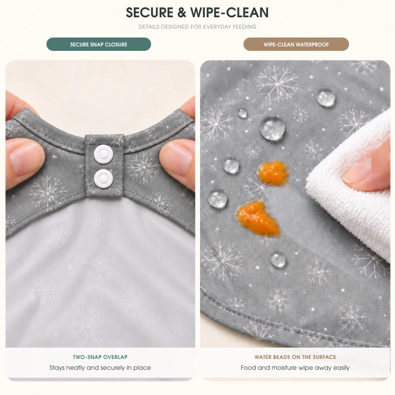 Close-up of the neck snap closure and wipe-clean waterproof surface of a bib