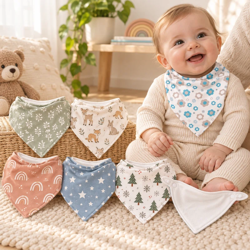 A range of printed baby bibs in different designs, one worn by a baby