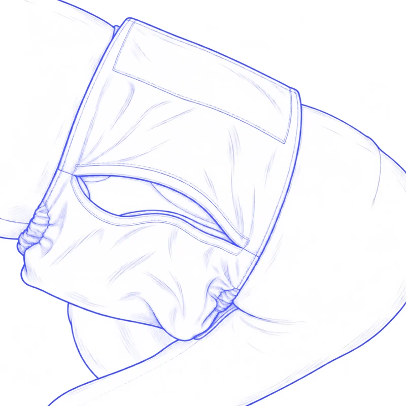 Oblique fit drawing of a male dog belly wrap with an overlapping end flap and a large rectangular fastening patch.