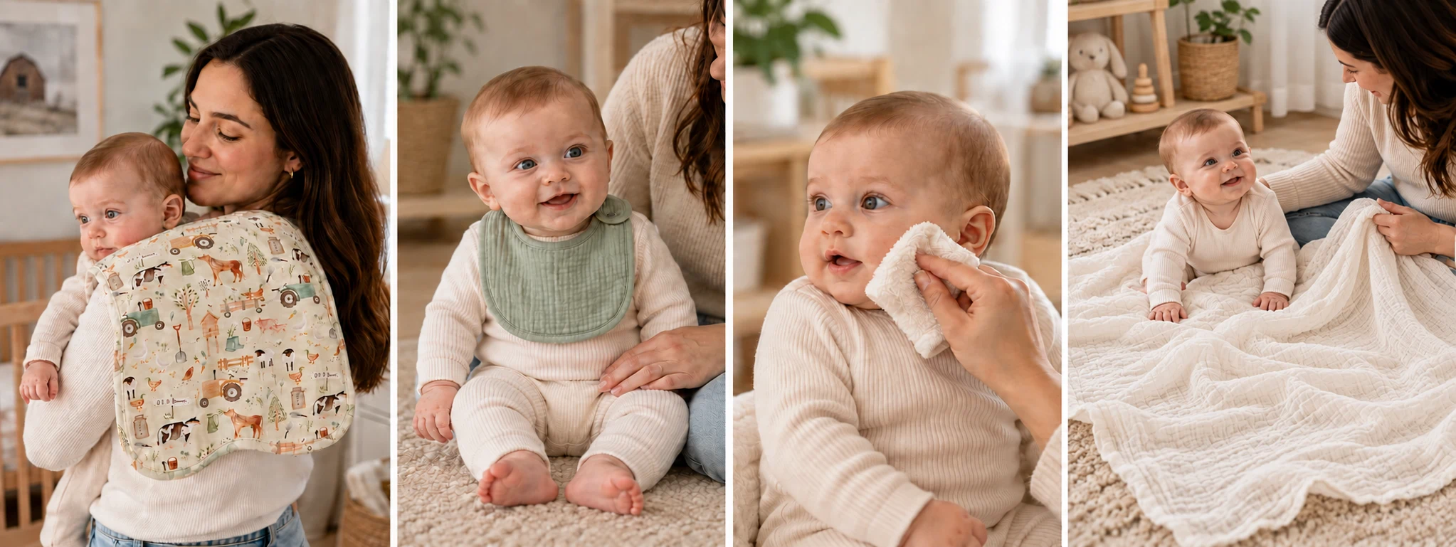 Burp cloth on a shoulder shown distinct from a bib, a wipe and a muslin blanket