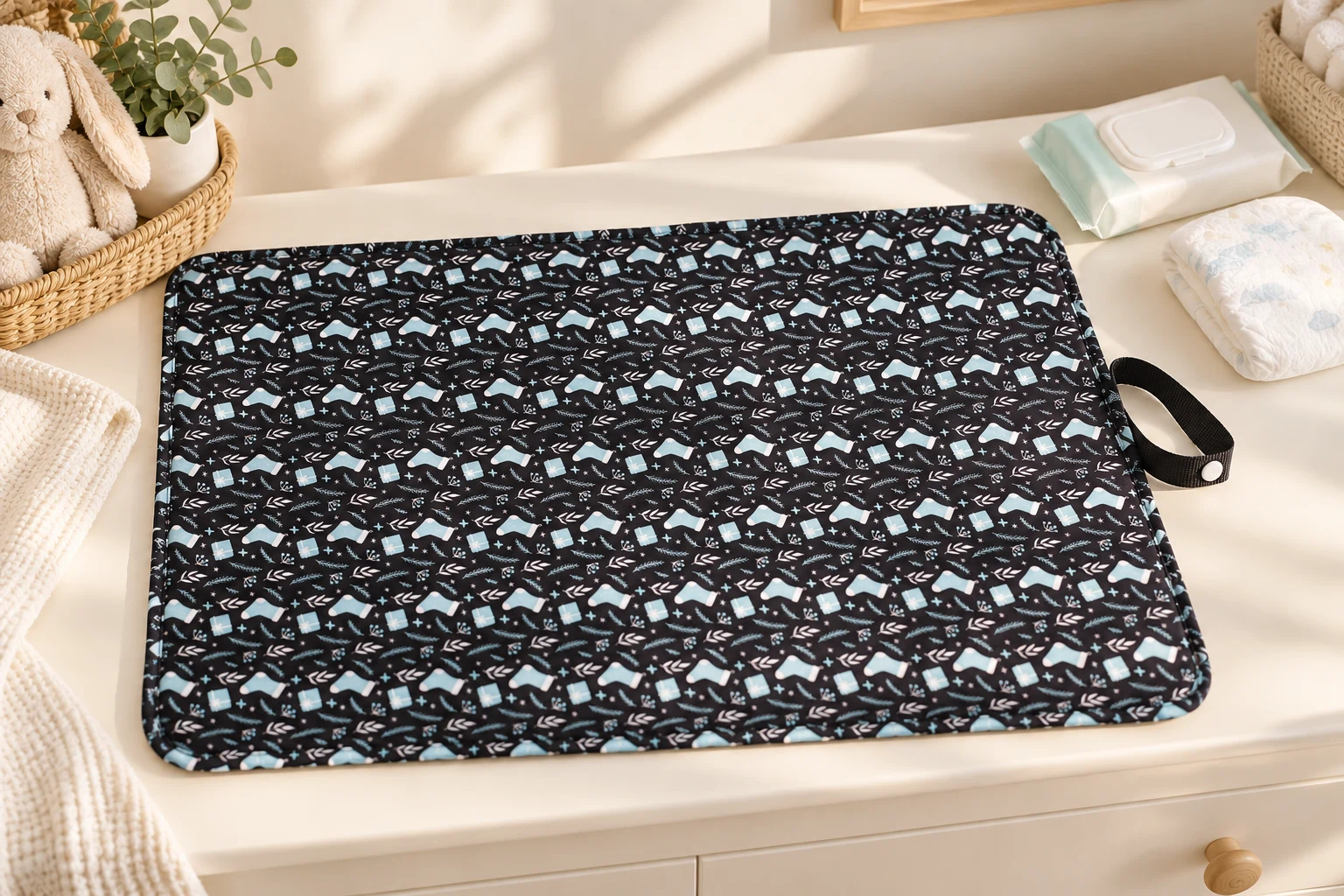 A reusable changing pad laid flat with a soft printed top surface for diaper changes