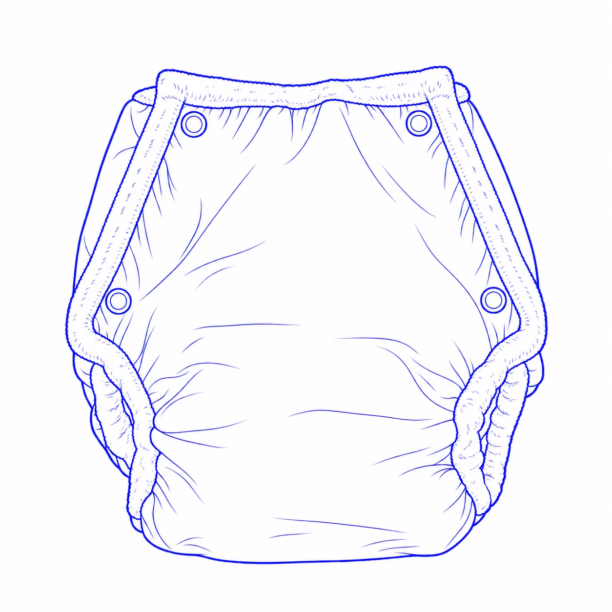 Front drawing of a reusable baby diaper cover with side snap openings, a smooth front panel and elastic leg edges.