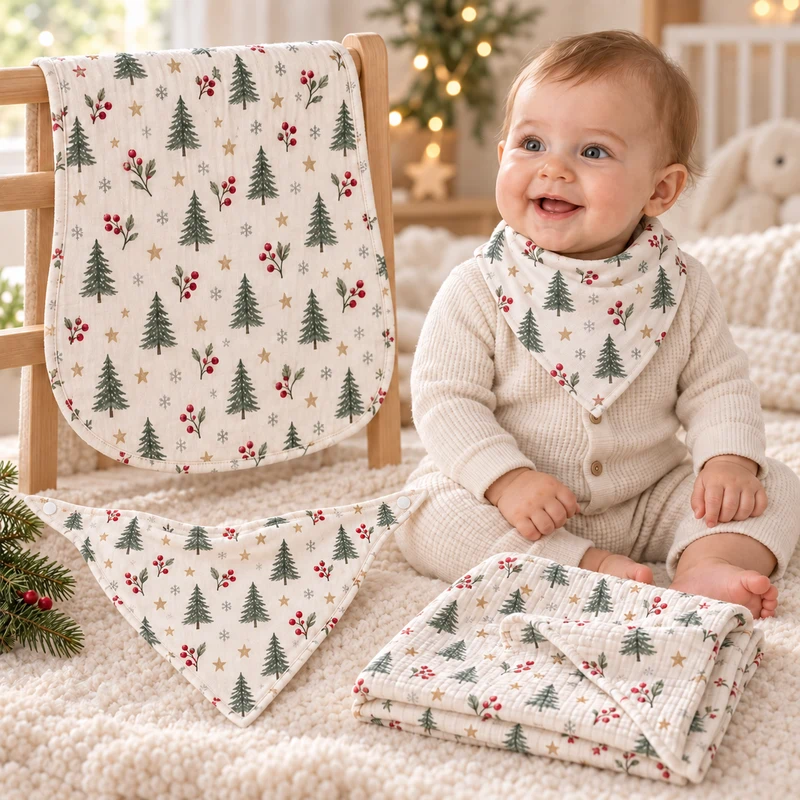 Holiday-themed printed bibs and a feeding set with burp cloths and muslin