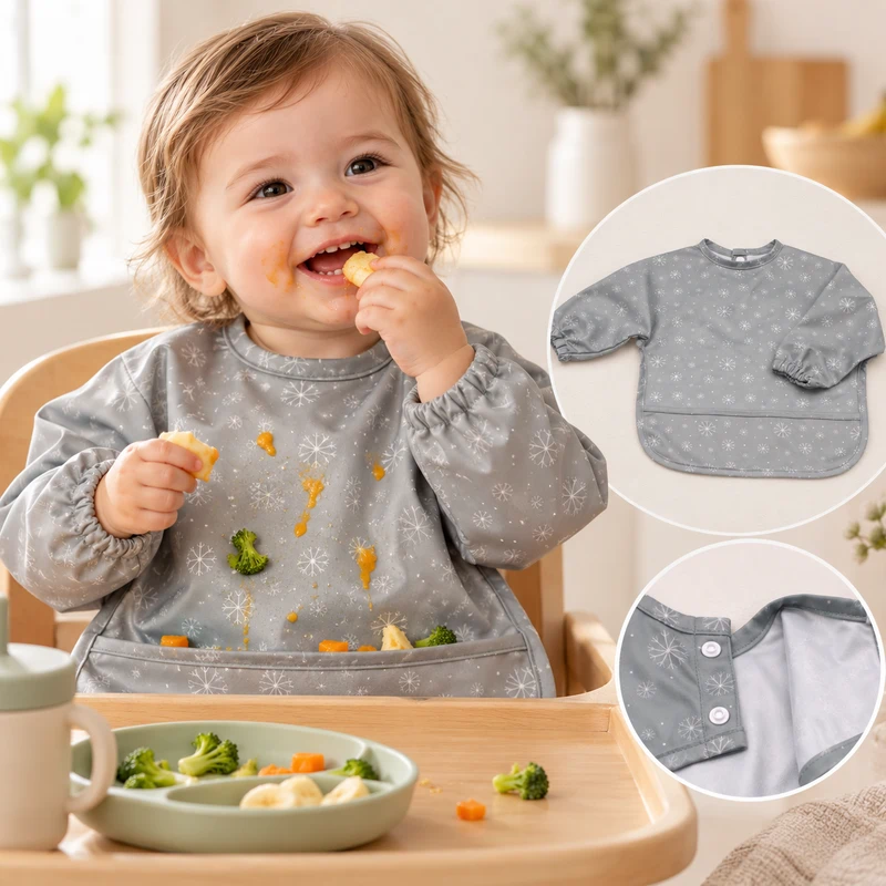 Baby wearing a waterproof bib catching food during weaning, clothing kept clean