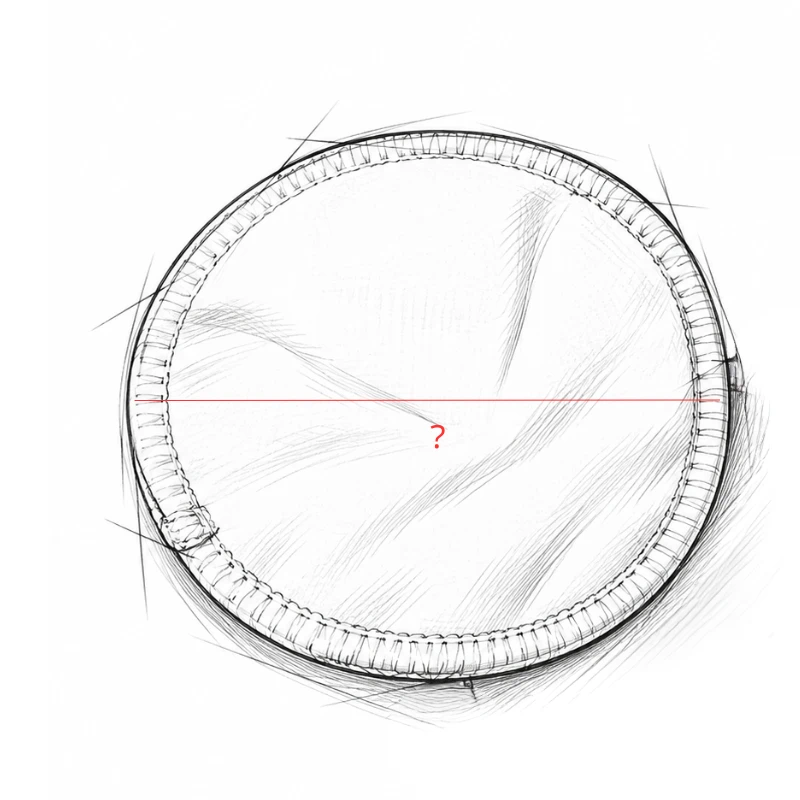 Measurement sketch of a round reusable breast pad with a diameter guide and an unfilled size callout.