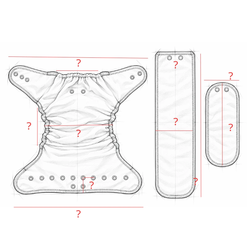 Measurement sketch of a fitted baby cloth diaper with separate long and short pads and unfilled dimension callouts.