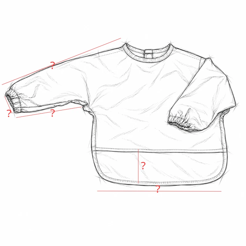 Front measurement sketch of a long-sleeve baby bib with unfilled callouts for the sleeve, cuff and food catcher pocket.
