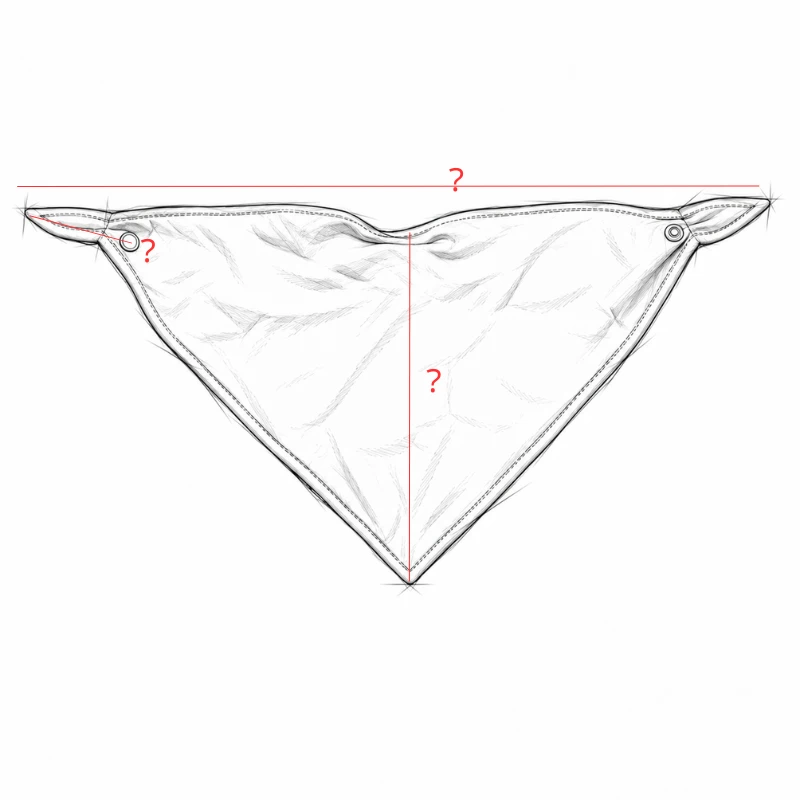 Measurement sketch of a baby bandana bib with unfilled width, center height and snap position callouts.