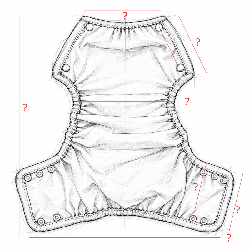 Measurement sketch of a side snap baby diaper cover with unfilled waist, body length, crotch and side panel dimensions.