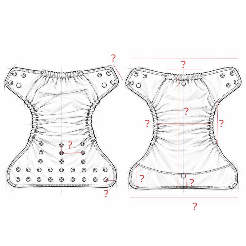 Paired measurement sketches of a baby diaper cover exterior and interior, with unfilled body and flap dimensions.