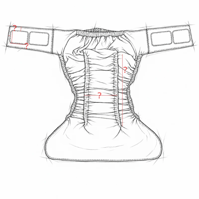 Interior measurement sketch of an adult hook-and-loop cloth diaper showing tab patches and gathered center panel dimensions.