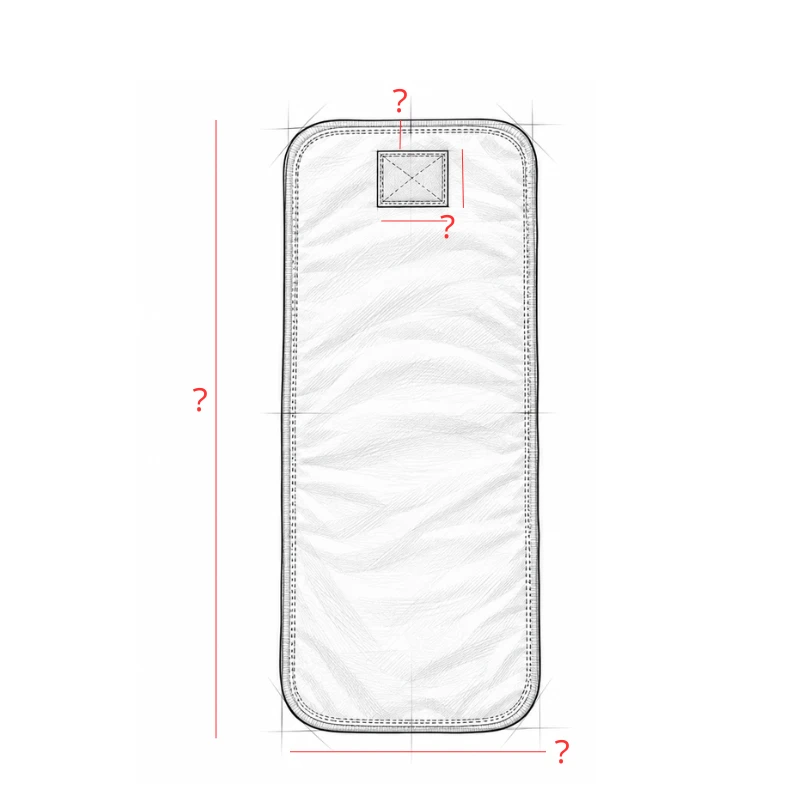 Measurement sketch of a rectangular cloth diaper insert with unfilled length, width and label position callouts.