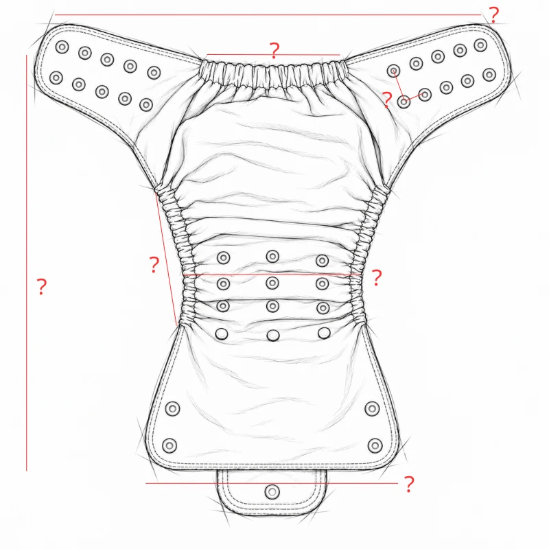 Outer measurement sketch of a wide-wing all-in-one baby cloth diaper, marking waist, length and rise positions.