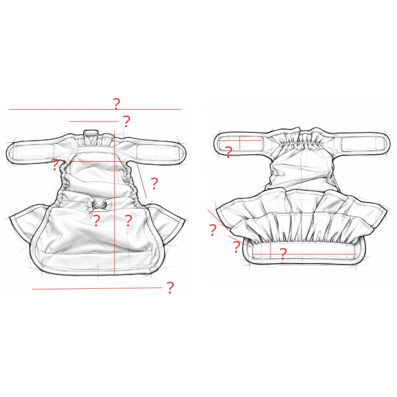 Measurement sketch of a ruffled dog diaper showing inner and outer views with dimension lines and question-mark placeholders.