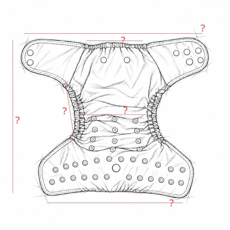 Measurement sketch of a rounded-tab AIO baby cloth diaper outer panel, with waist, rise and body dimensions unfilled.