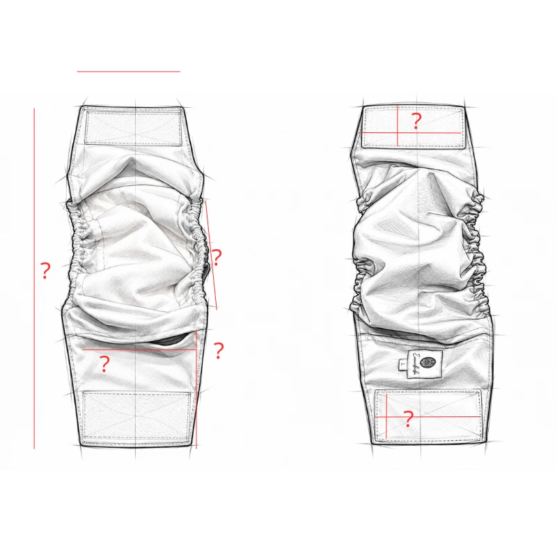 Dimension sketch of a gathered male dog belly band with two flat views, red measurement guides and unfilled values.